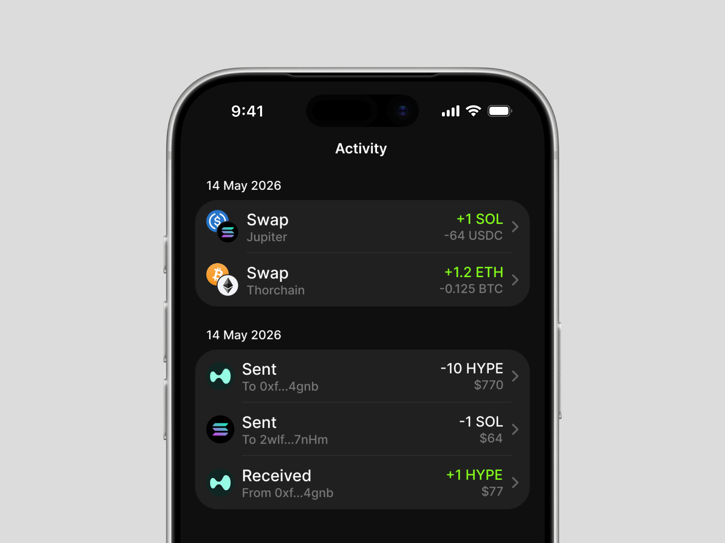Product Design — wallet activity feed